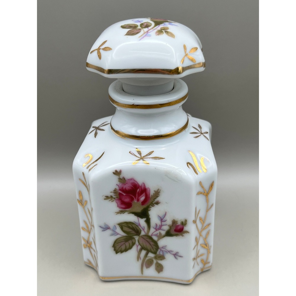 Vtg Porcelain Perfume Bottle Rose Gold Gilt Scalloped Vanity Art Nouveau 5"